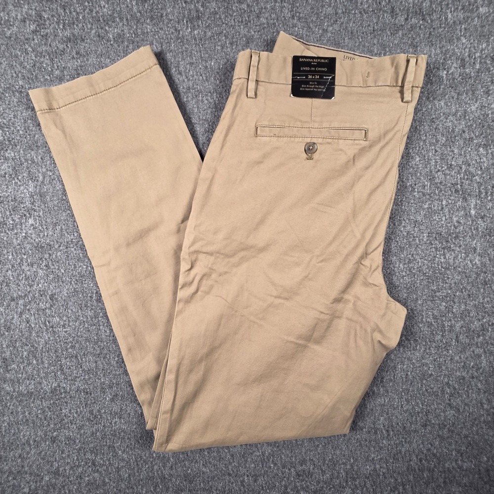 Banana Republic Lived-In Chino Pants Mens 36x34 Tan Khaki Slim Fit Tapered Leg